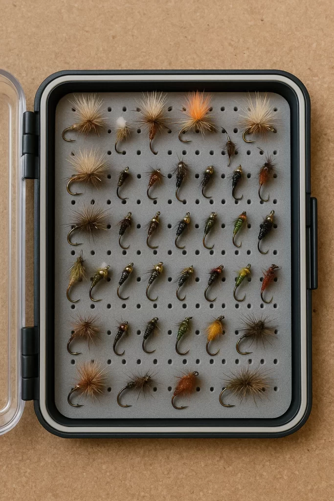 Beginner fly box with colourful trout flies for UK anglers
