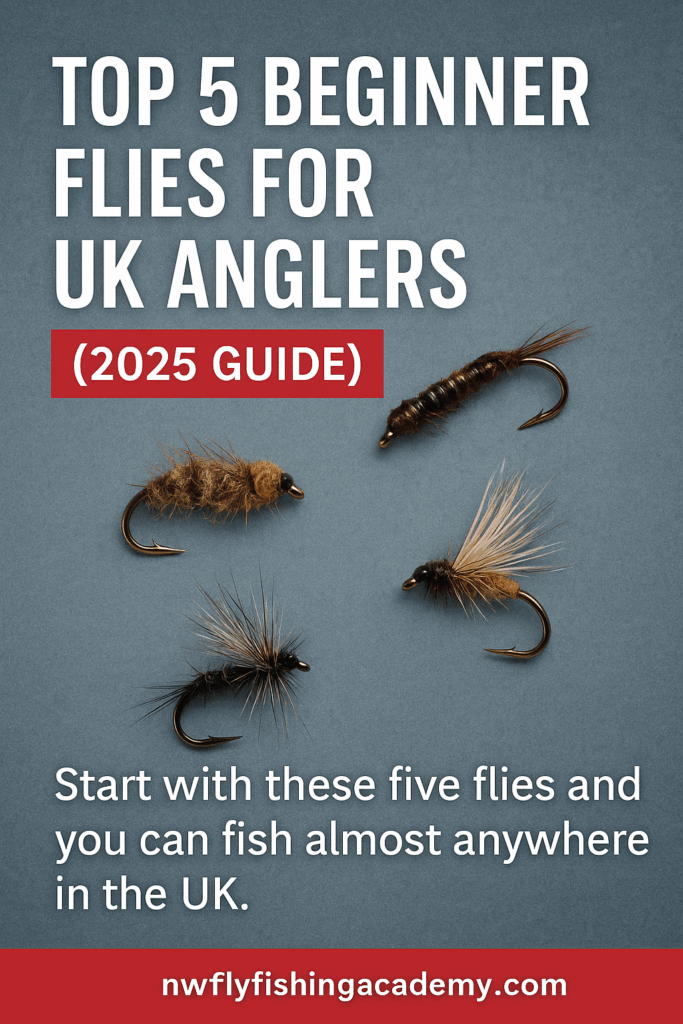 Beginner fly fishing flies including Pheasant Tail Nymph, Hare’s Ear, Adams Dry, Elk Hair Caddis, and Black Gnat arranged for UK anglers guide.