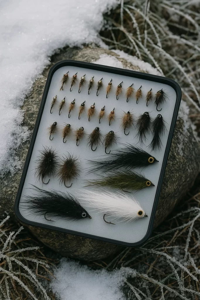 Winter fly fishing flies (nymphs and streamers) in snowy UK setting – beginner’s guide to grayling and cold weather fly fishing gear.