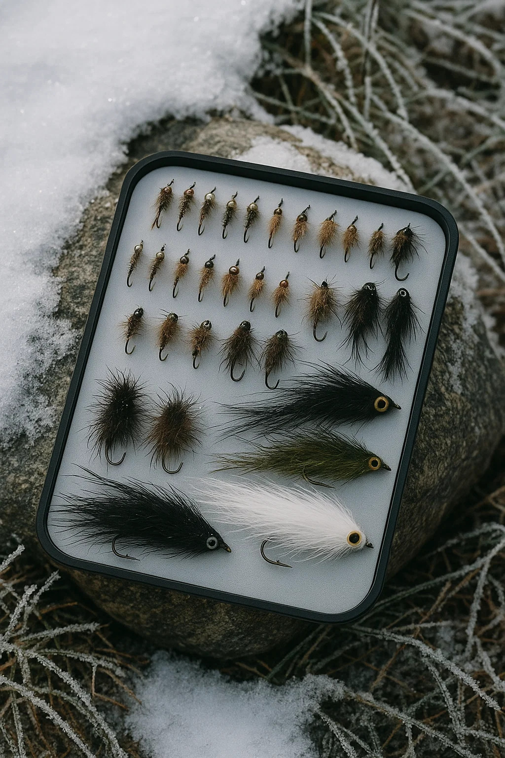 Winter fly fishing flies (nymphs and streamers) in snowy UK setting – beginner’s guide to grayling and cold weather fly fishing gear.