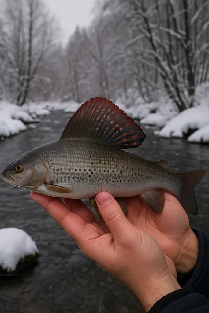 Grayling caught on a UK river during winter fly fishing.
