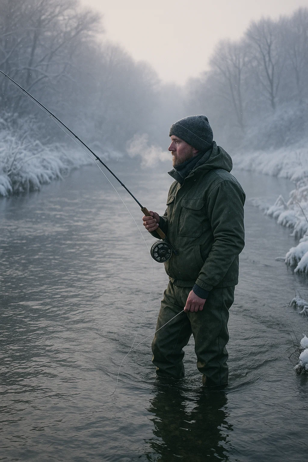 Angler fly fishing in winter wearing thermal gear and waders on a UK river.