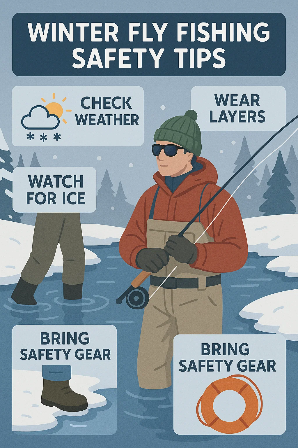 Winter fly fishing safety tips illustration showing angler in cold weather gear checking ice and safety equipment.