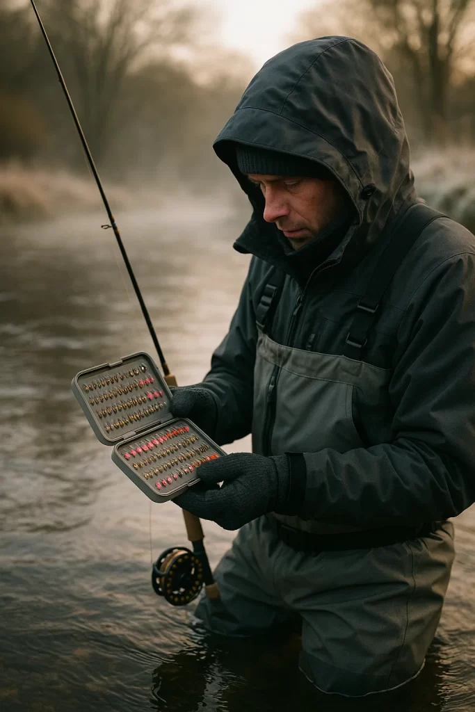 Angler examining winter fly fishing patterns including tungsten nymphs, pink shrimps, and perdigons beside a cold UK river.
