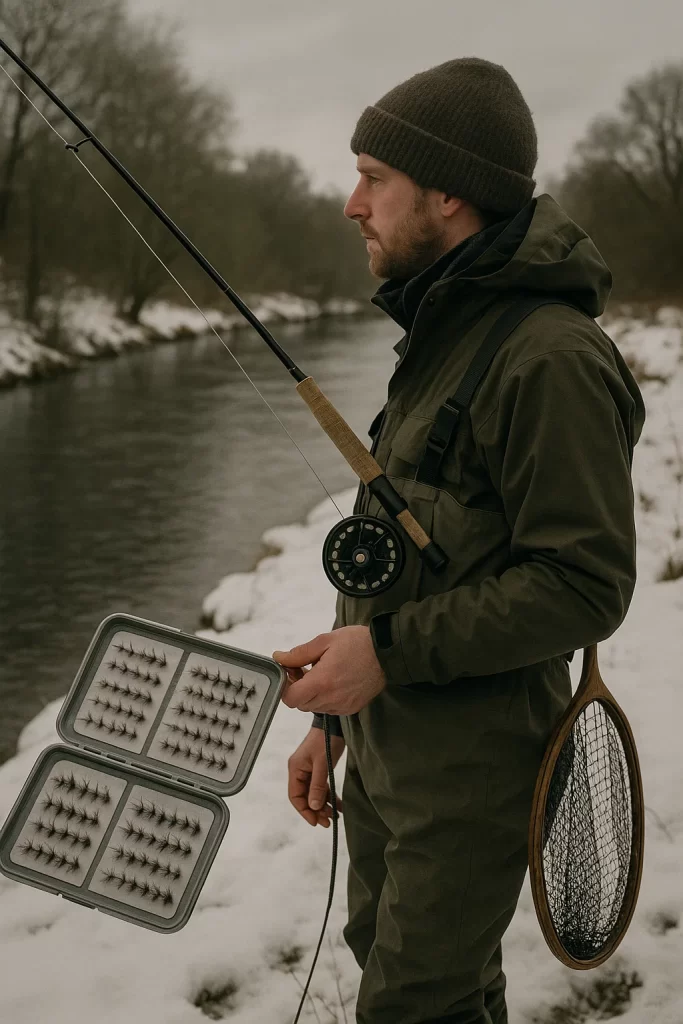 Fly fisherman standing in a UK river during winter