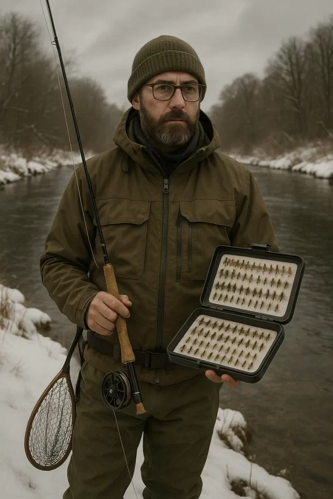 UK fly angler winter grayling fishing on a cold river holding a fly rod and fly box.”