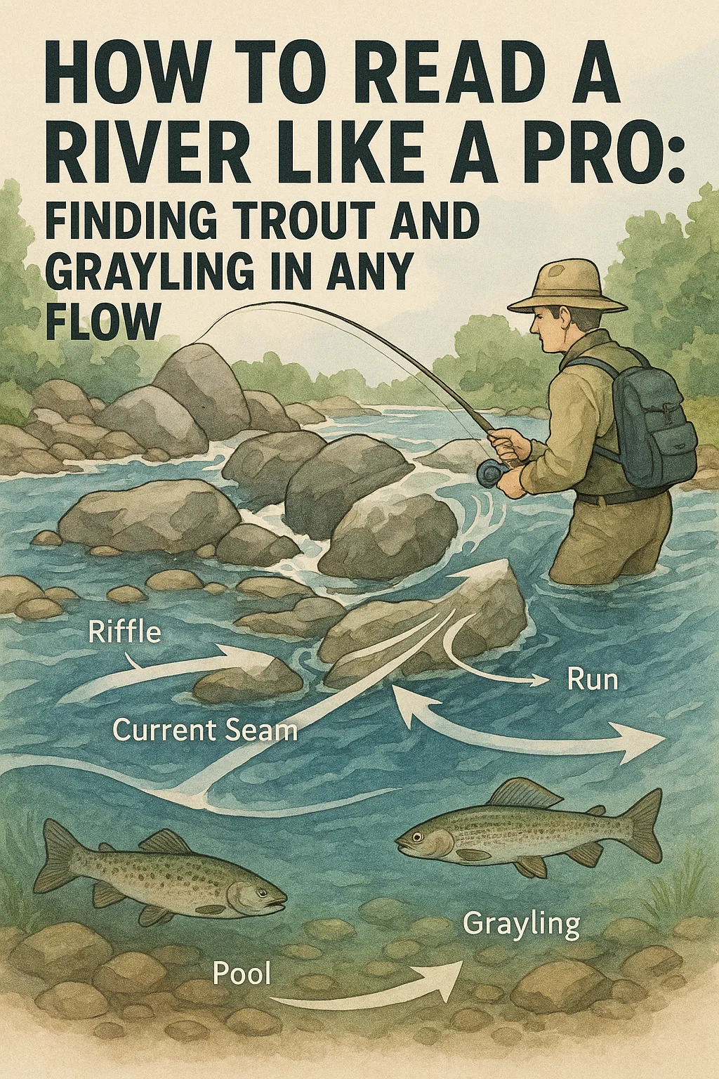 Angler reading a river’s current to find trout and grayling in a UK fly-fishing spot.