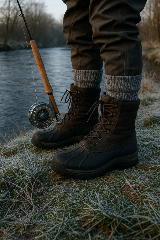 Winter fly fishing boots and thermal socks on a cold UK riverbank.