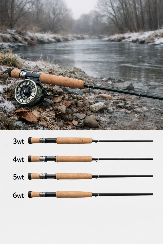 Fly rod weight comparison showing 3wt, 4wt, 5wt and 6wt fly fishing rods for UK rivers