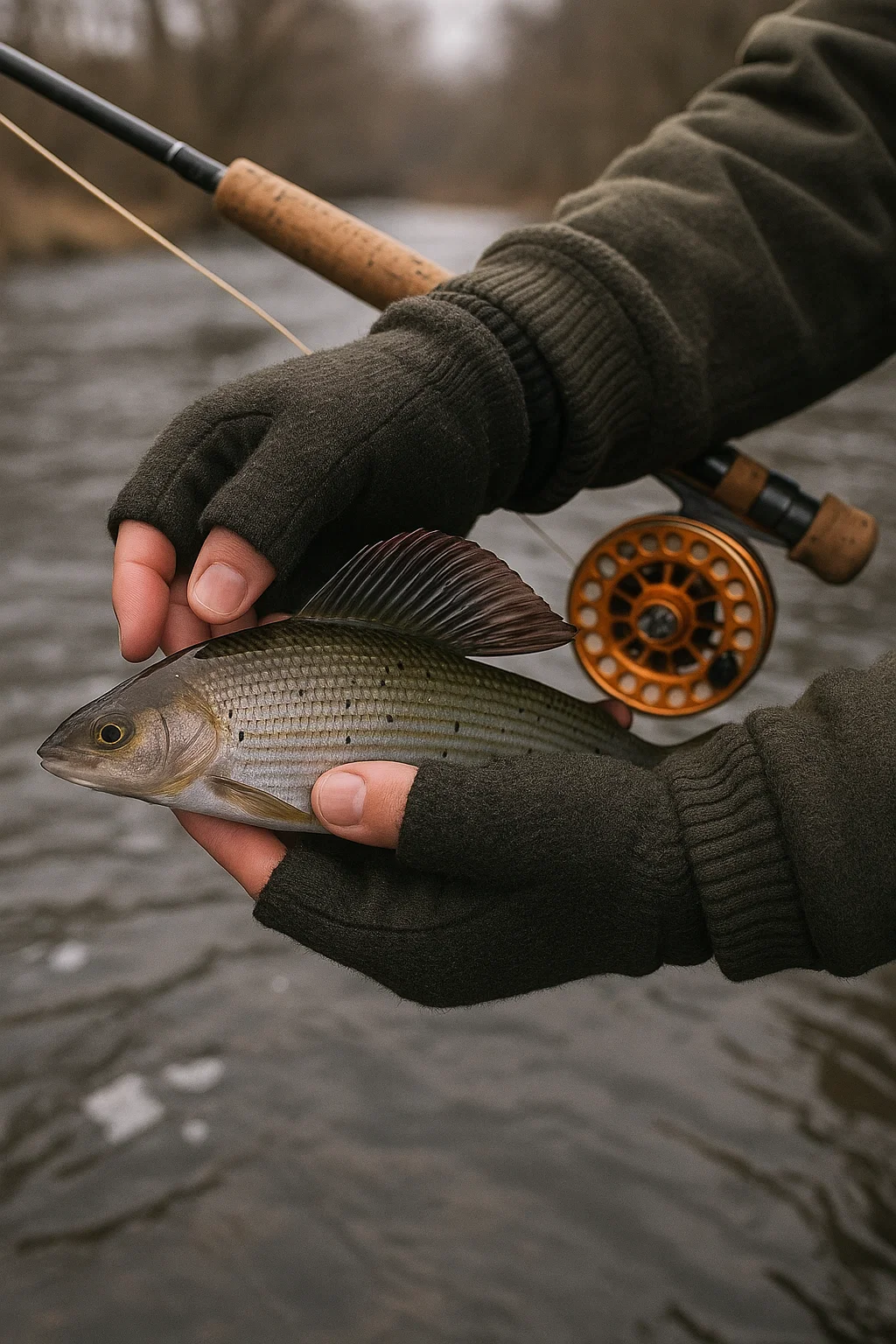 Angler wearing winter fly fishing gloves while holding a grayling in a cold UK river.