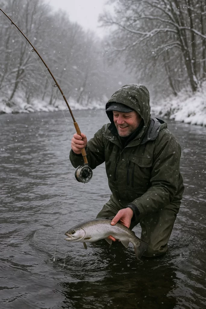 Angler winter fly fishing on a UK river using nymphs for trout and grayling