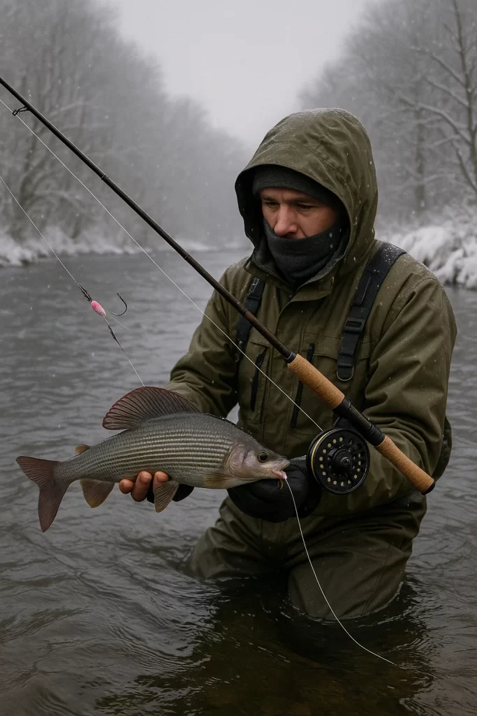 Angler winter fly fishing with a 10-foot rod on a cold UK river.