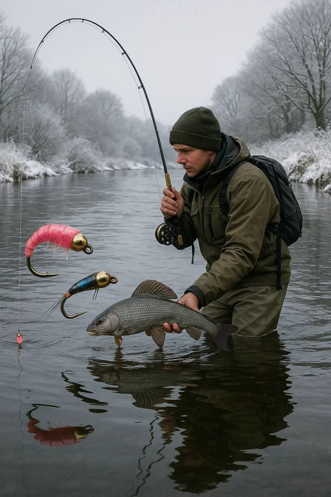 Winter grayling fly fishing on a UK river using pink shrimp and perdigon nymphs”
