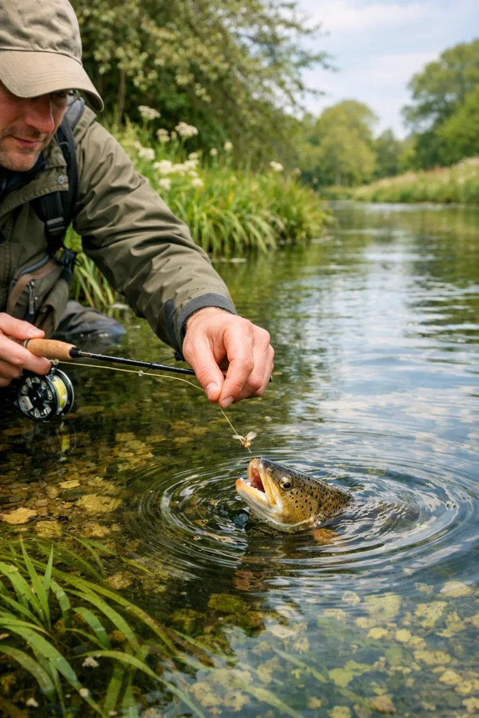 Trout rising to a dry fly during an olive hatch on a clear UK river