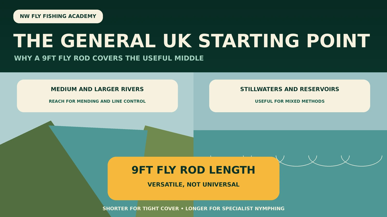 Split editorial illustration of a medium river and a stillwater, explaining that a 9ft fly rod offers useful reach and versatility while shorter and longer rods suit more specialised situations.